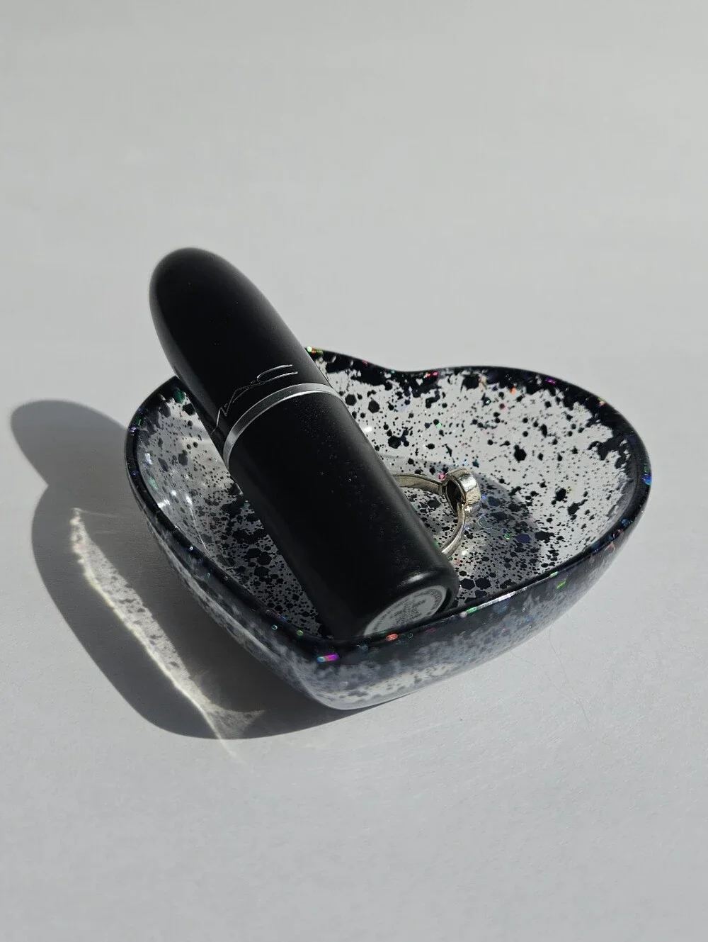 Handmade Holographic Black Glitter Mini Heart Resin Dish Jewelry Tray Girly Deco